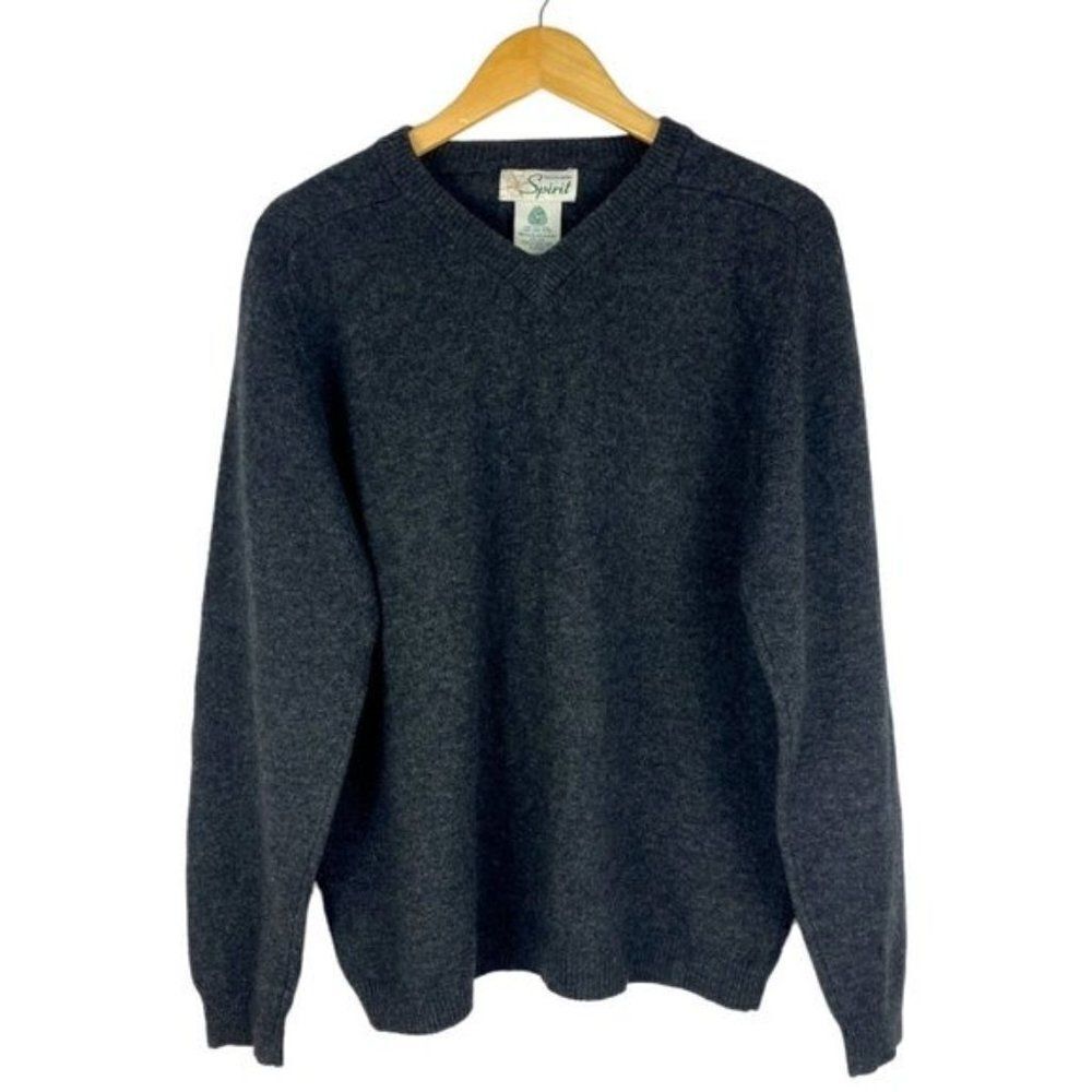 NORTHERN SPIRIT Men's Vintage Gray Pure New Wool V Neck Pullover Sweater US M